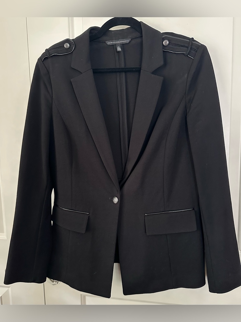 White House Black Market Black Knit Military Blazer Faux Leather Trim Sz 14